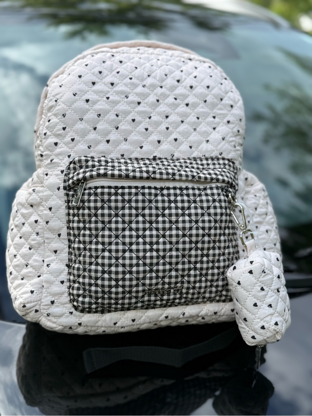 MADDEN GIRL Quilted White Heart Accent Backpack with Black Check Pocket